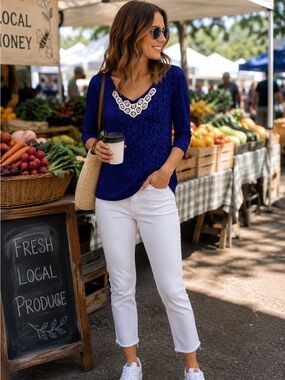 Anthropologie - Royal Blue Scoop Neck with Cream Lace Appliqué - Subtle Sheernes
